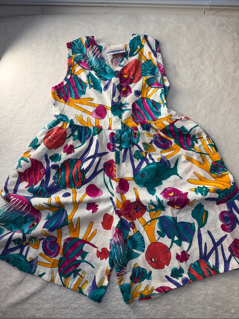 Girls' Multicolor Ocean Print Button Romper - White Teal Pink Yellow